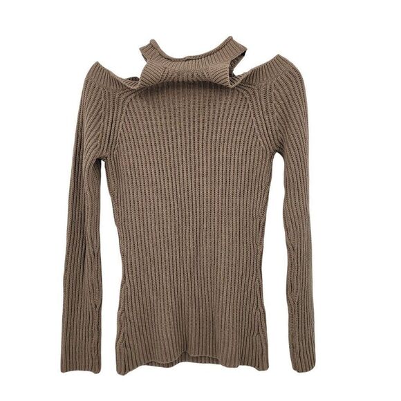 90s EAC Womens Cold Shoulder Ribbed Knit Sweater Sz S Cotton Blend Neutral Tan - Picture 9 of 12